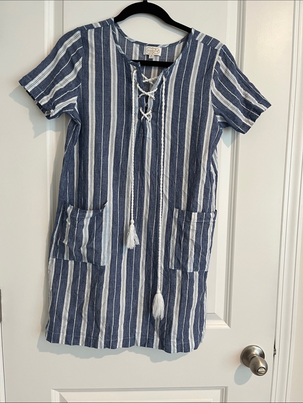 Navy & White Striped Lace-Up Pocket Dress